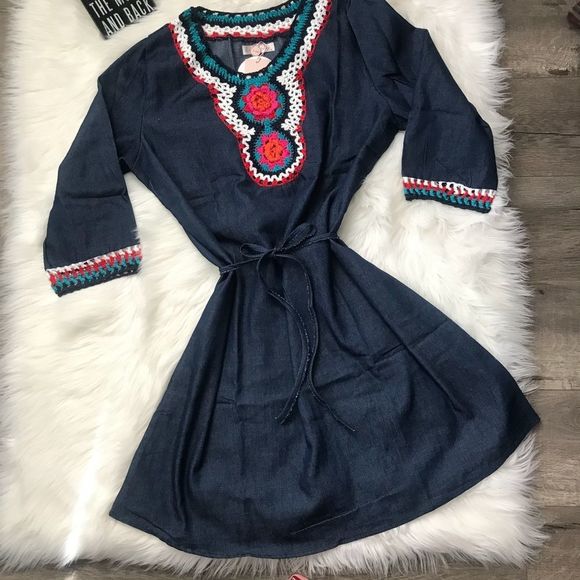 Denim Crocheted Belted Dress - Picture 3 of 6